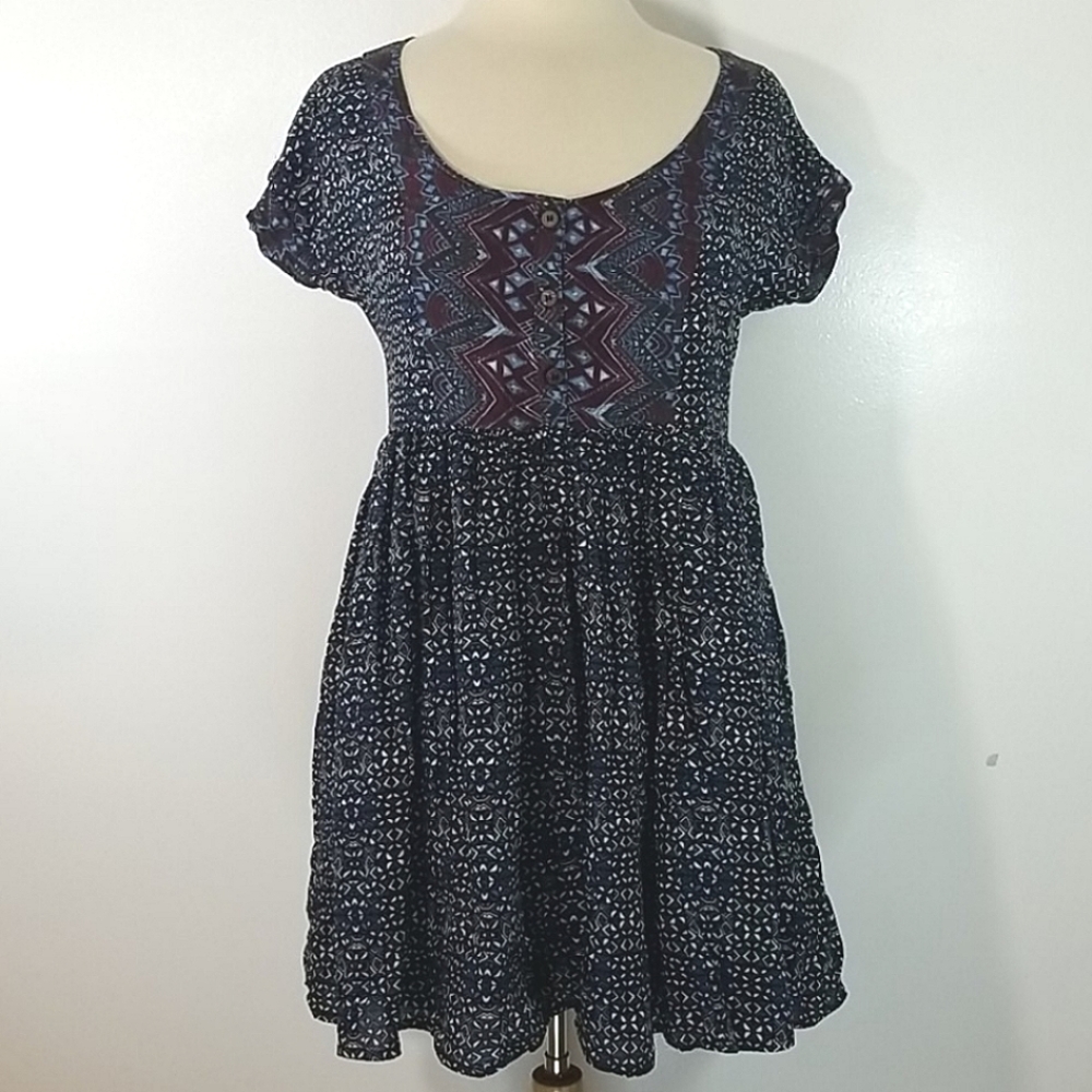 Free People Boho Navy Tribal Babydoll Dress s-XS